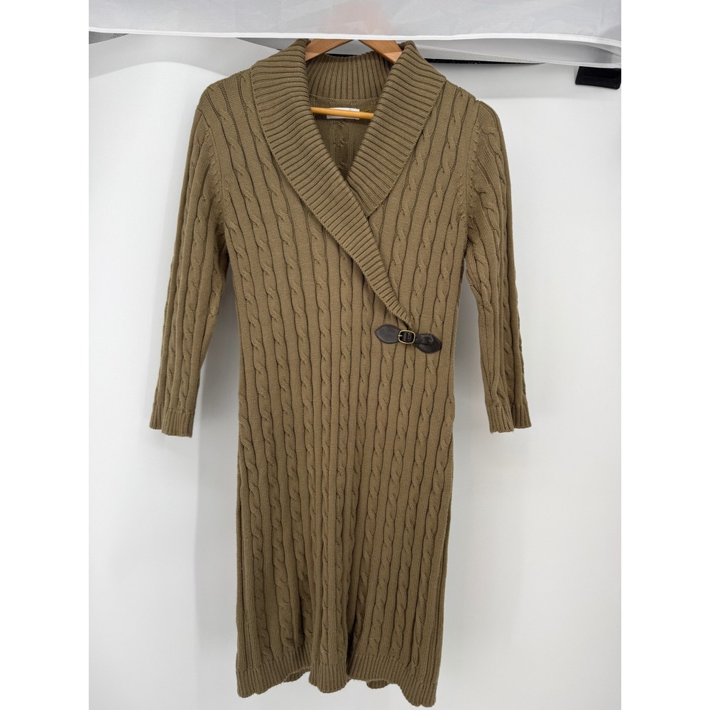 Calvin Klein Cable Knit Sweater Dress Taupe Brown Shawl Collar Buckle Equestrian